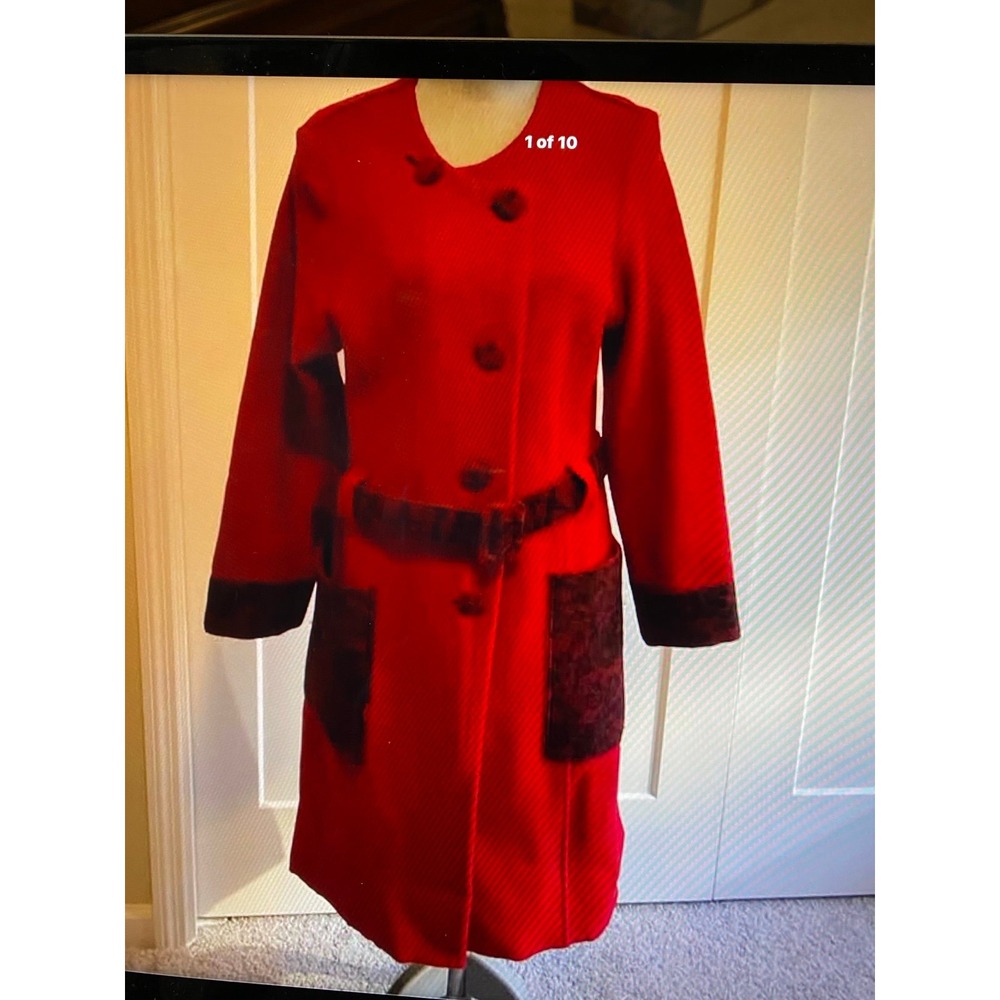 Vintage Wool Paris Sweater Coat Laine Eva Tralala Boiled Red Black Trim Belt s68
